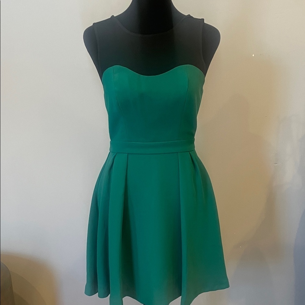 Elegant Green Sleeveless Dress with black mesh top